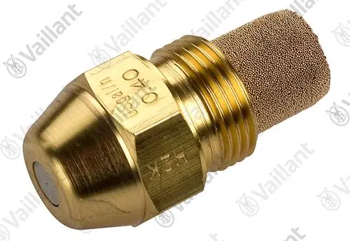 Vaillant Brennerdüse aus Messing mit einer porösen Spitze. Gewindeanschluss sichtbar. Geeignet für Heizsysteme.